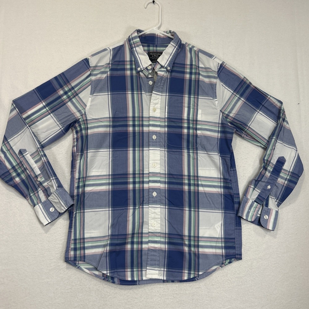 Abercrombie & Fitch Mens Large Blue White Plaid Button Down Long Sleeve Shirt